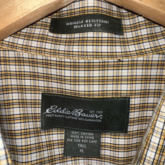 Eddie Bauer Men’s Yellow and White Plaid Button Down Long Sleeved Shirt Size XLT - Picture 2 of 5